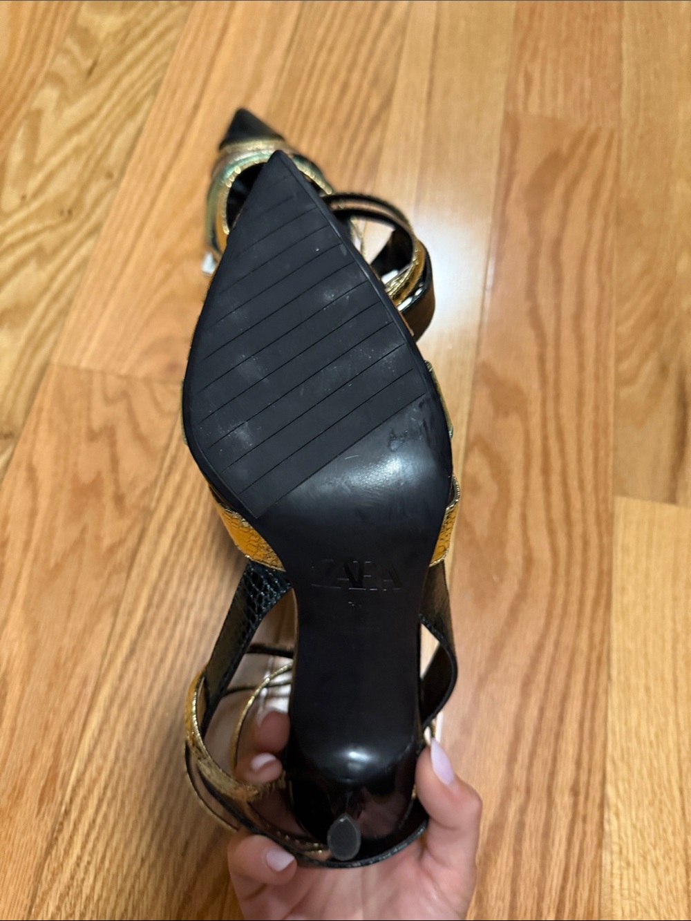 Zara Metallic Gold, Green & Black Strappy Pointed-Toe Heels - Picture 5 of 5